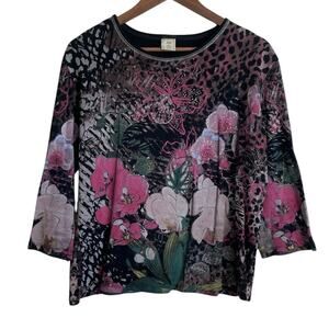 Jess & Jane Women Top Muted Gem Detail Floral Animal Print‎ Cottagecore Boho